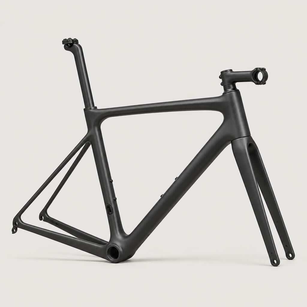 Carbon road frameset photographed in bright studio light