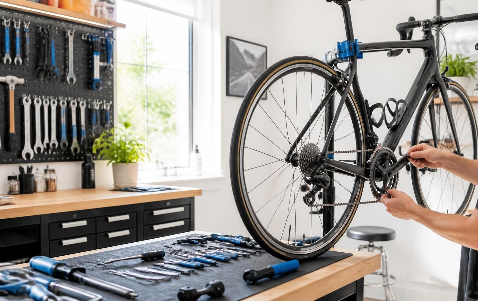Bright bicycle workshop with a road bike in a repair stand and tools laid out